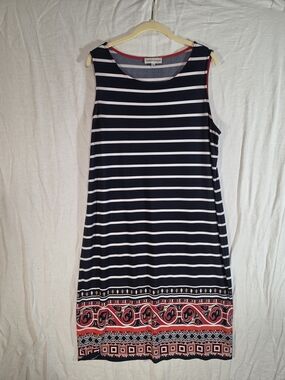 Drapers & Damons Blue Striped Border Dress Sz 16W Nautical Midi